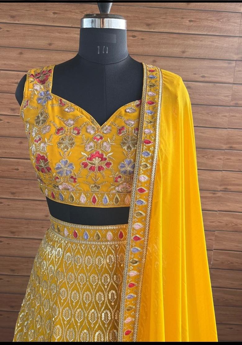Yellow Sequins Work Georgette Lahenga Set - Indya