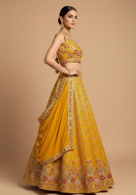 Yellow Sequins Work Georgette Lahenga Set