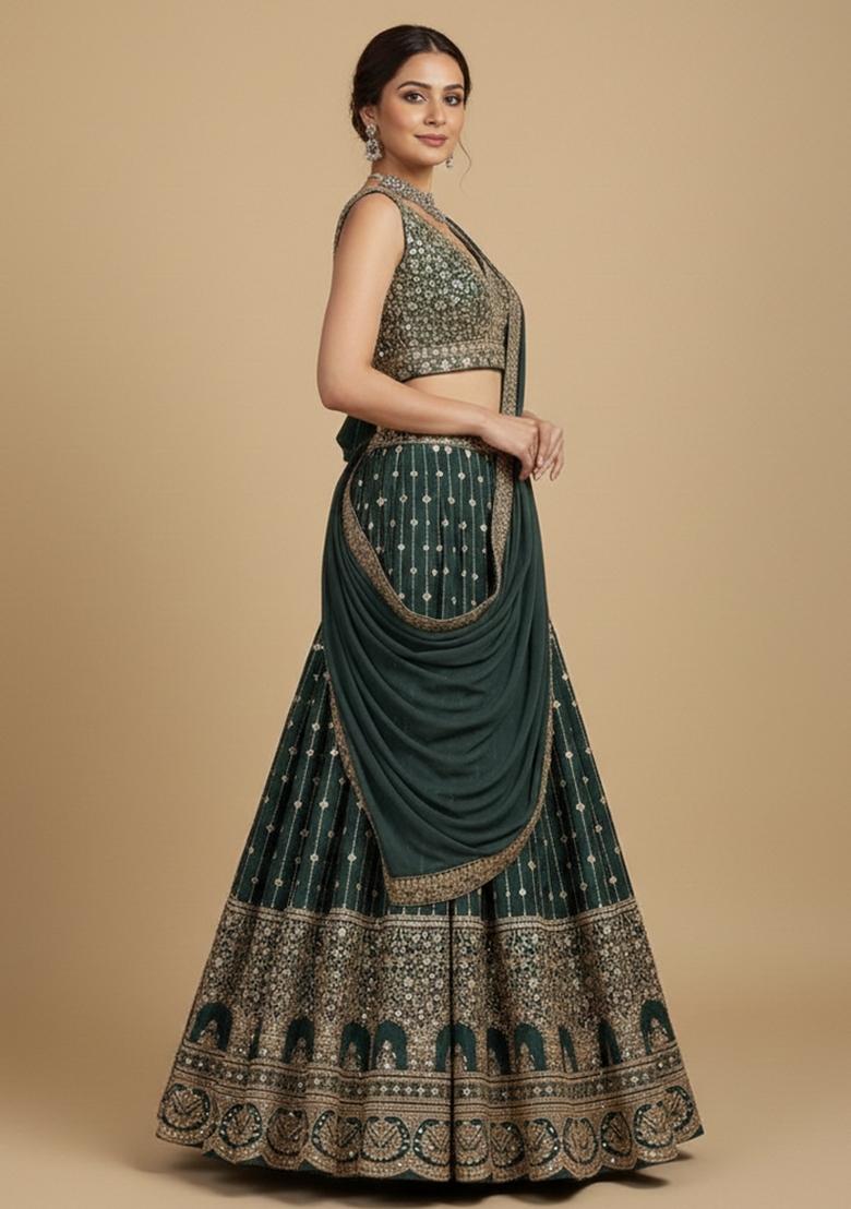 Light Green Sequins Work Georgette Lahenga Set - Indya