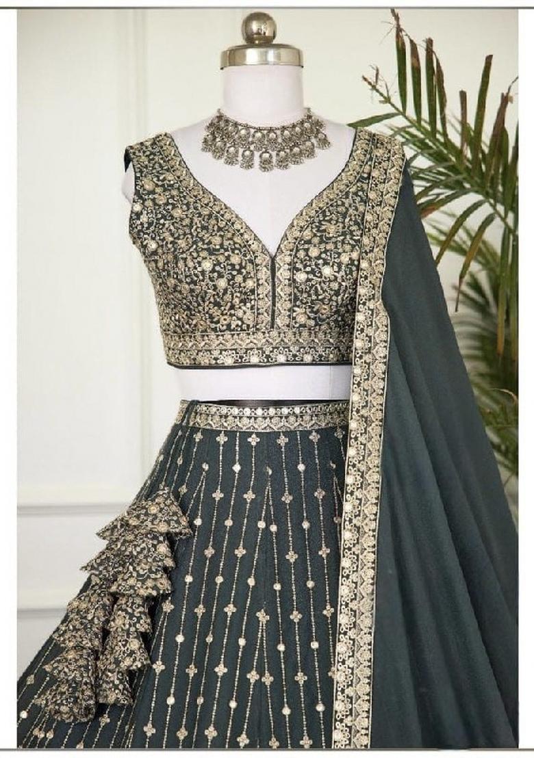 Light Green Sequins Work Georgette Lahenga Set - Indya