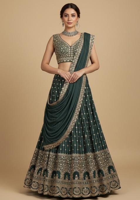 Light Green Sequins Work Georgette Lahenga Set