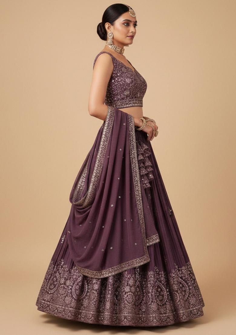 Rose Brown Sequins Work Georgette Lahenga Set - Indya