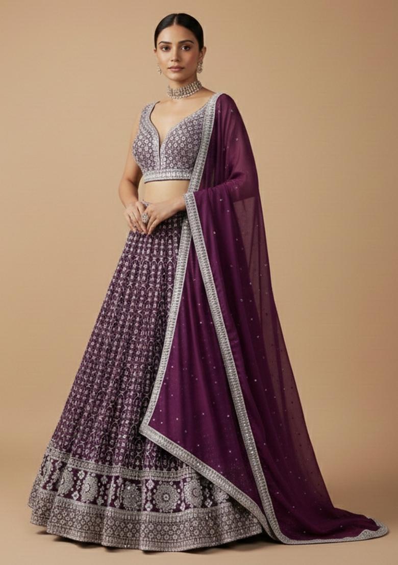 Purple Sequins Work Georgette Lahenga Set - Indya