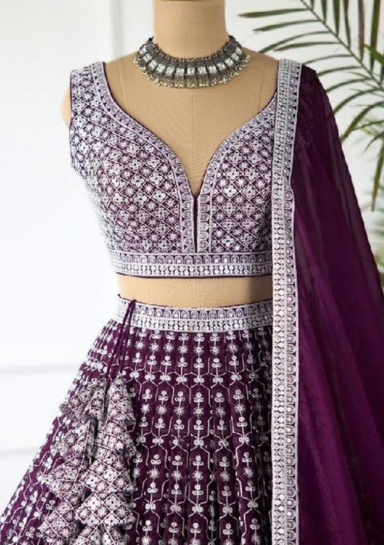 Purple Sequins Work Georgette Lahenga Set - Indya