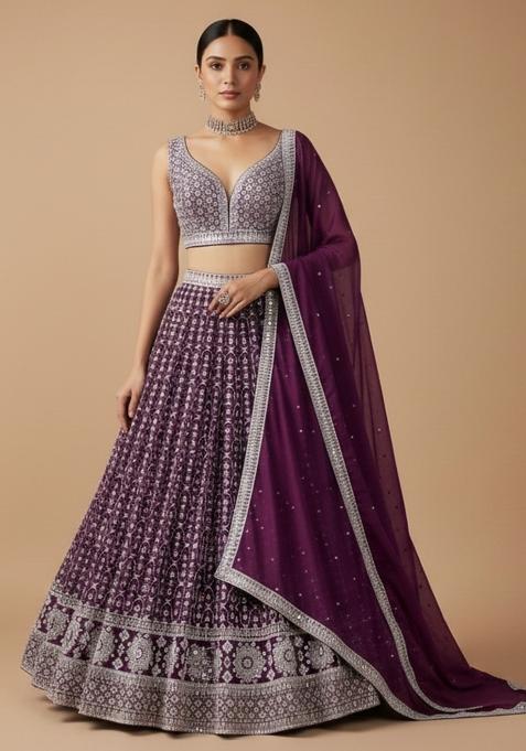 Purple Sequins Work Georgette Lahenga Set