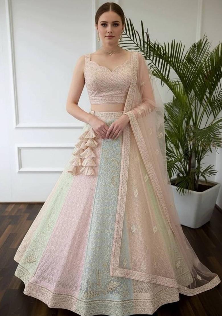 Multicolor Sequins Work Georgette Lahenga Set - Indya