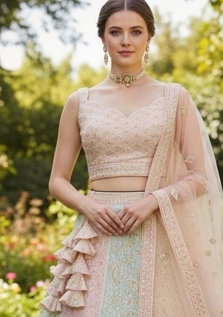Multicolor Sequins Work Georgette Lahenga Set - Indya