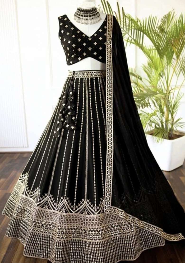 Black Sequins Work Georgette Lahenga Set for Diwali | Wedding & Festive Wear - Indya