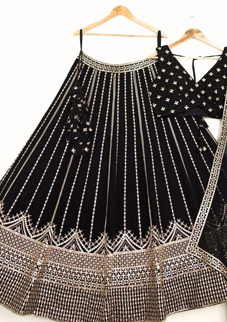 Black Sequins Work Georgette Lahenga Set - Indya