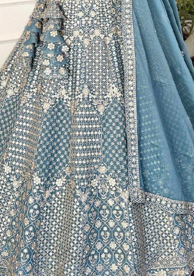 Blue Sequins Work Georgette Lahenga Set - Indya