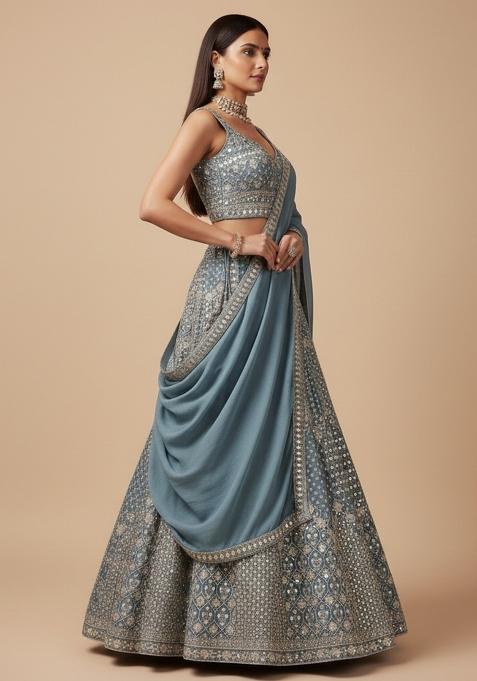 Blue Sequins Work Georgette Lahenga Set
