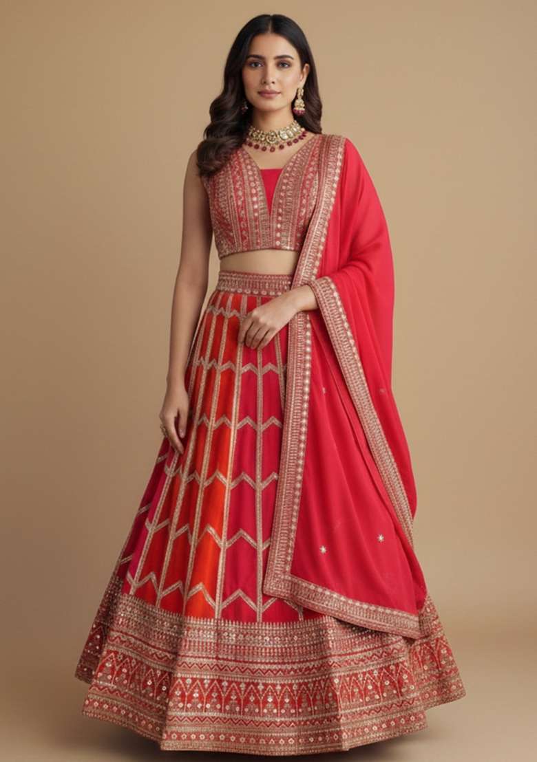 Orange And Pink Sequins Work Georgette Lahenga Set for Diwali and Festive Wear - Indya