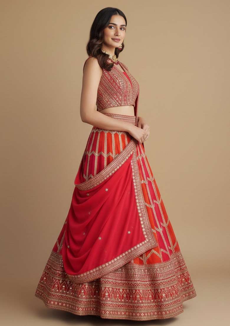 Orange And Pink Sequins Work Georgette Lahenga Set for Diwali and Festive Wear - Indya