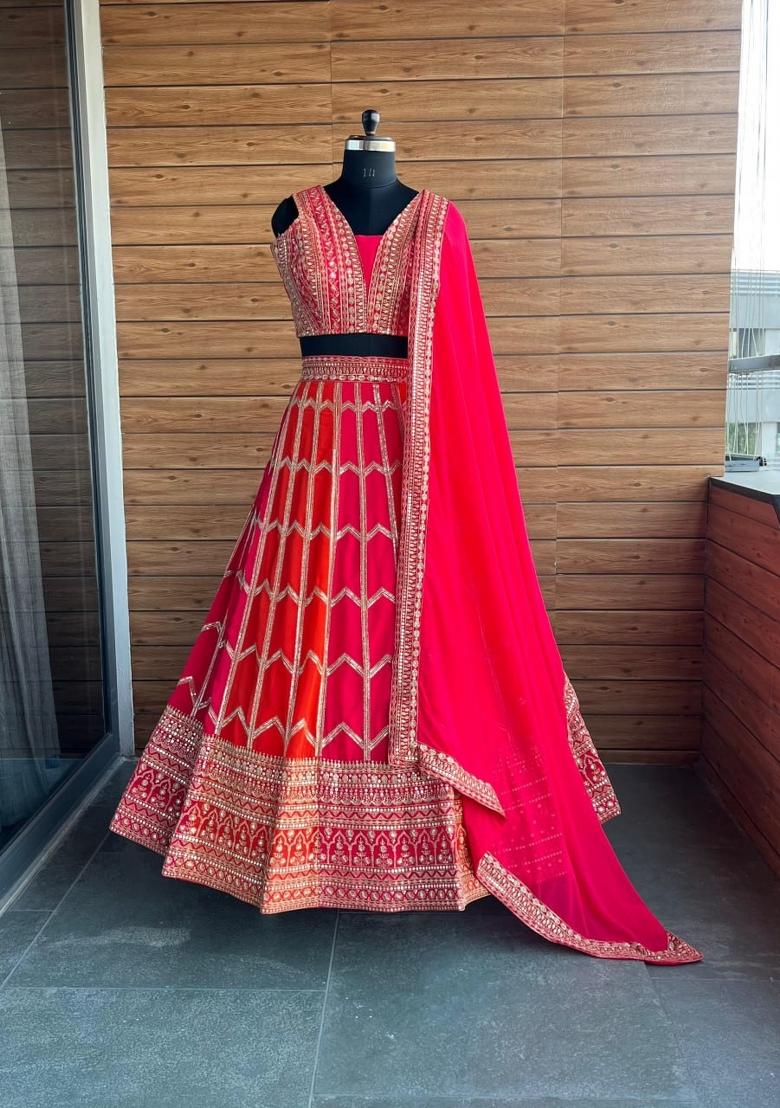 Orange And Pink Sequins Work Georgette Lahenga Set - Indya