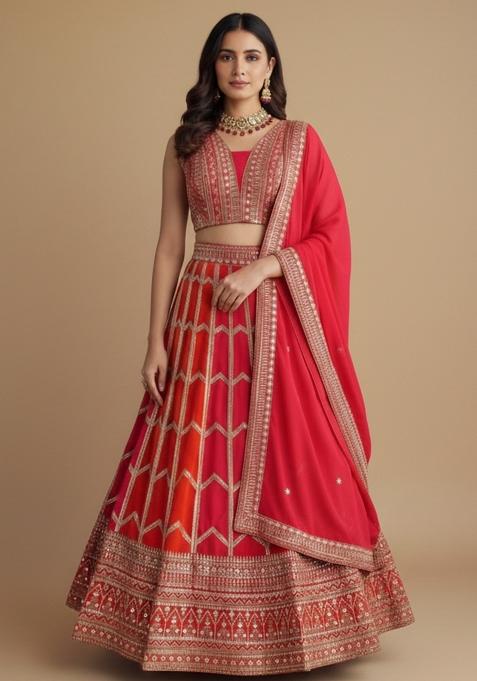 Orange And Pink Sequins Work Georgette Lahenga Set