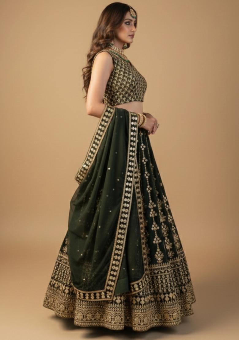 Bottel Green Sequins Work Georgette Lahenga Set - Indya