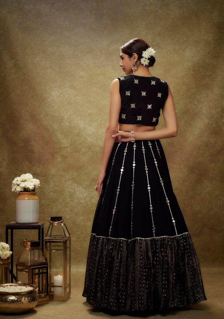 Black Sequins Work Georgette Lahenga Set - Indya