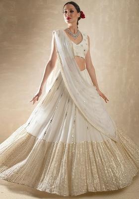 Off White Sequins Work Georgette Lahenga Set