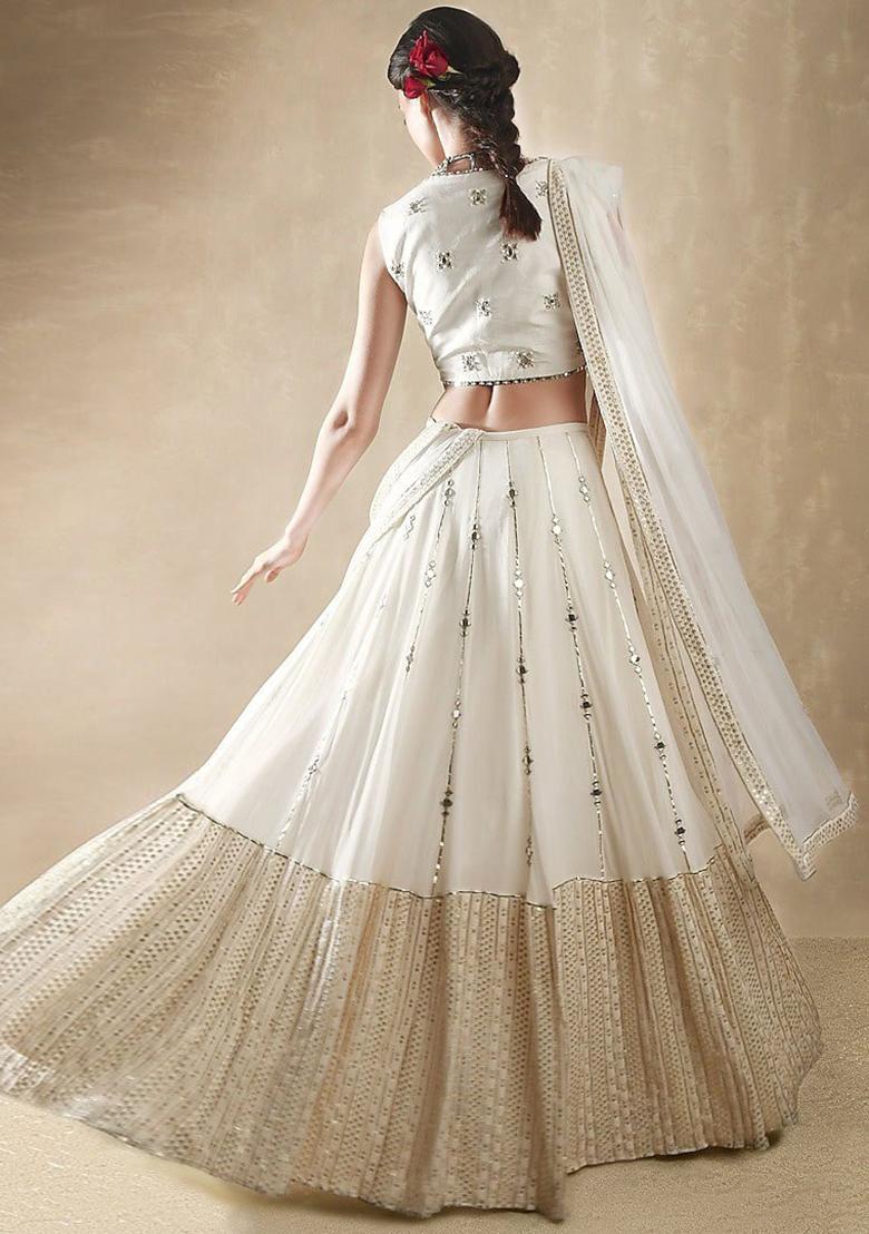 Off White Sequins Work Georgette Lahenga Set - Indya