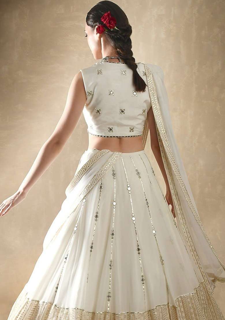 Off White Sequins Work Georgette Lahenga Set for Diwali | Wedding & Festive Wear - Indya