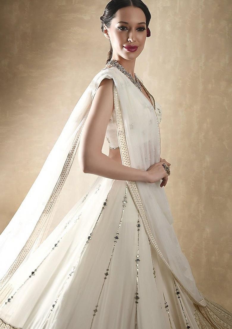Off White Sequins Work Georgette Lahenga Set - Indya