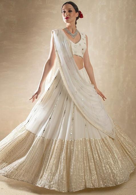 Off White Sequins Work Georgette Lahenga Set
