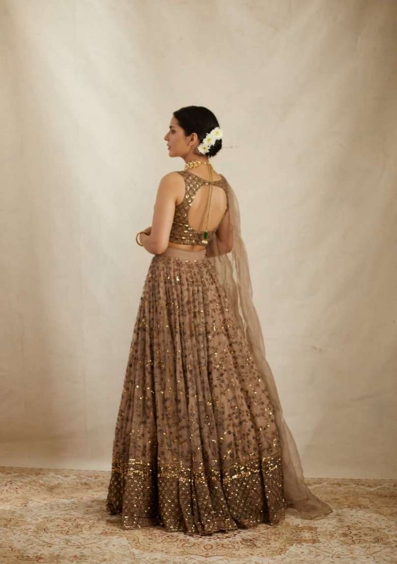 Brown Sequins Work Net Lahenga Set for Diwali | Wedding & Festive Wear - Indya