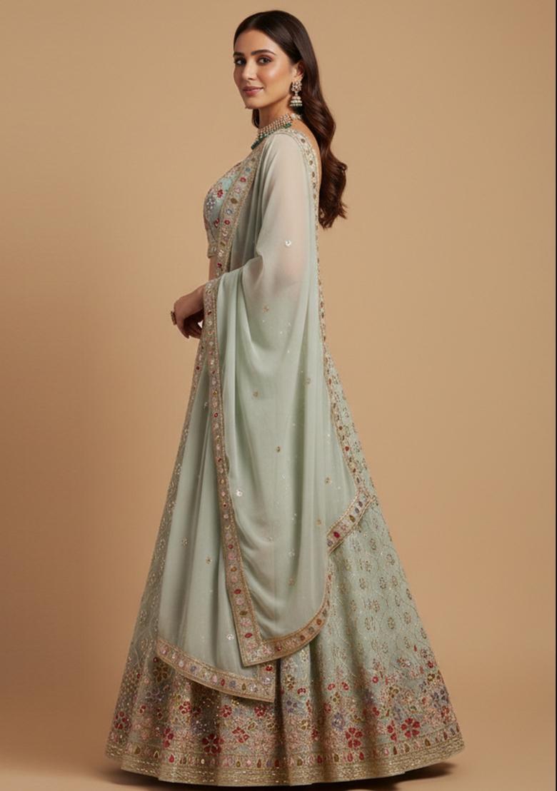 Pista Sequins Work Georgette Lahenga Set - Indya