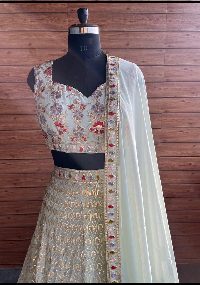 Pista Sequins Work Georgette Lahenga Set - Indya