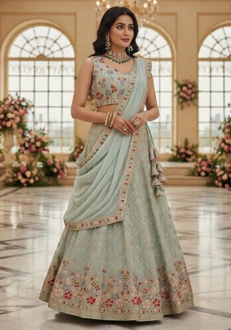 Pista Sequins Work Georgette Lahenga Set