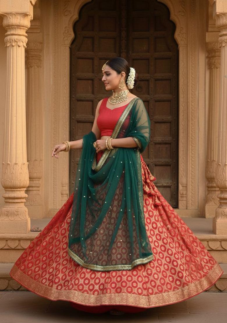 Red Woven Georgette Lahenga Set - Indya