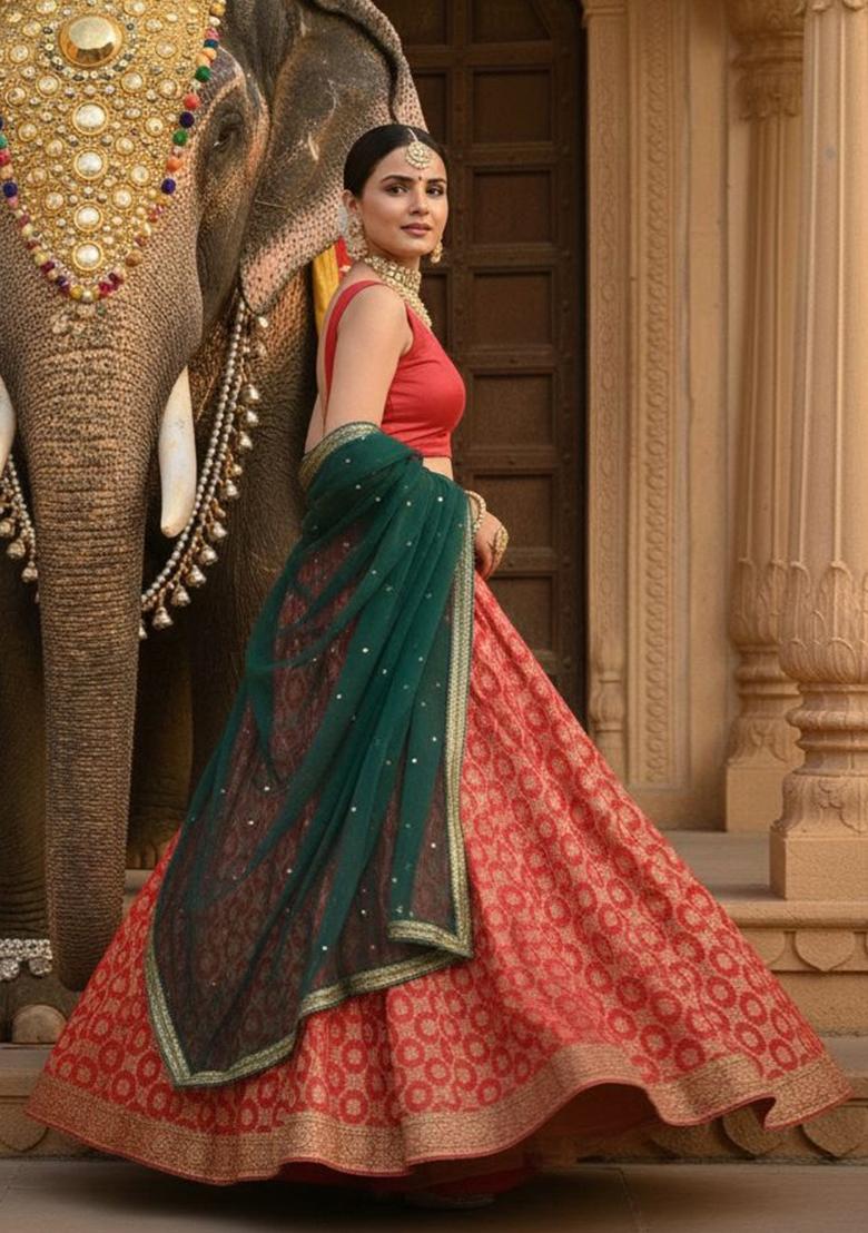 Red Woven Georgette Lahenga Set - Indya