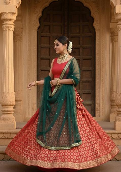 Red Woven Georgette Lahenga Set
