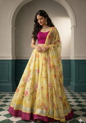 Yellow Printed Silk Blend Lahenga Set