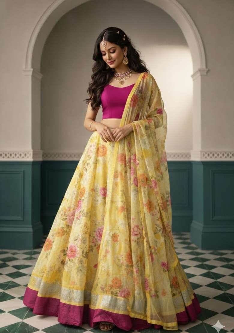Yellow Printed Silk Blend Lahenga Set for Diwali | Wedding & Festive Wear - Indya