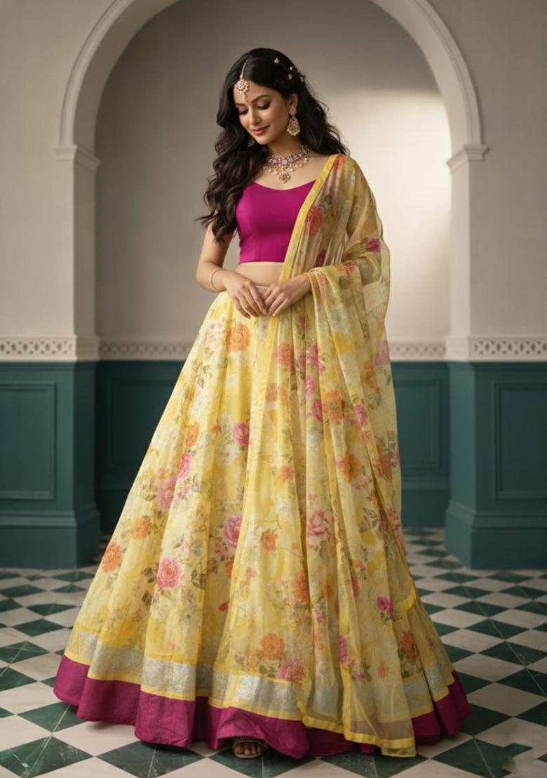 Yellow Printed Silk Blend Lahenga Set - Indya