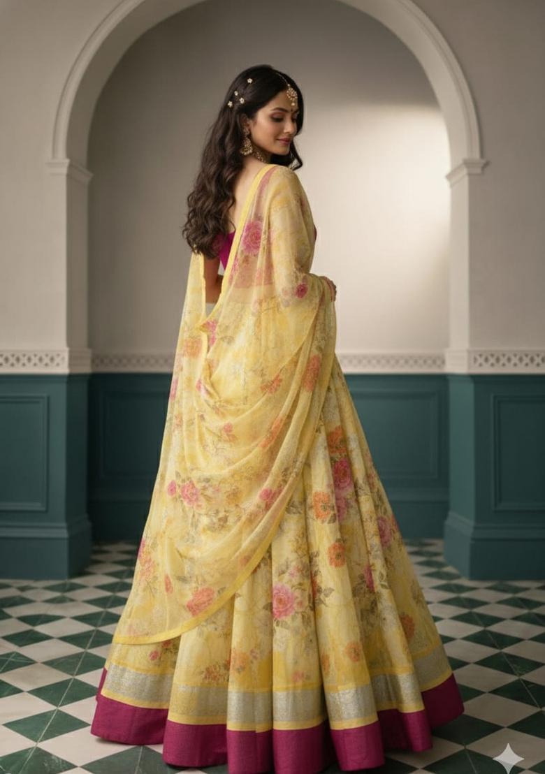 Yellow Printed Silk Blend Lahenga Set - Indya