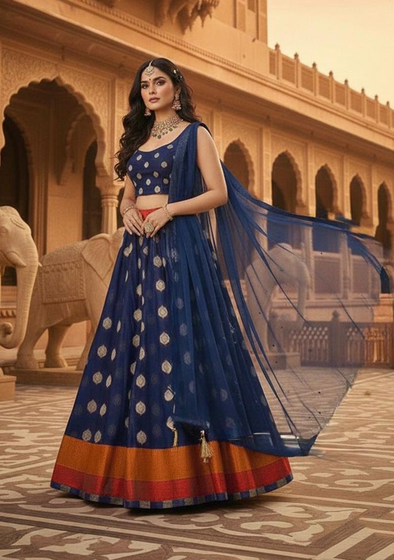 Blue Woven Silk Blend Lahenga Set - Indya