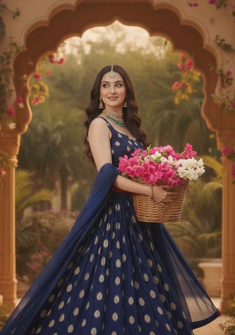 Blue Woven Silk Blend Lahenga Set - Indya