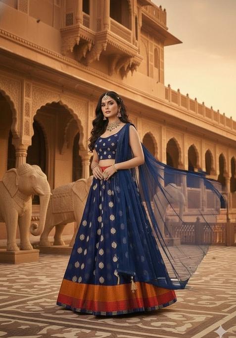 Blue Woven Silk Blend Lahenga Set