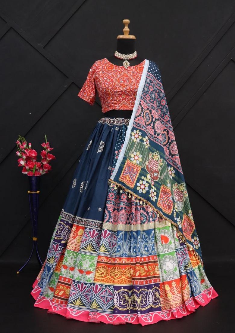Multicolor Printed Silk Blend Lahenga Set - Indya
