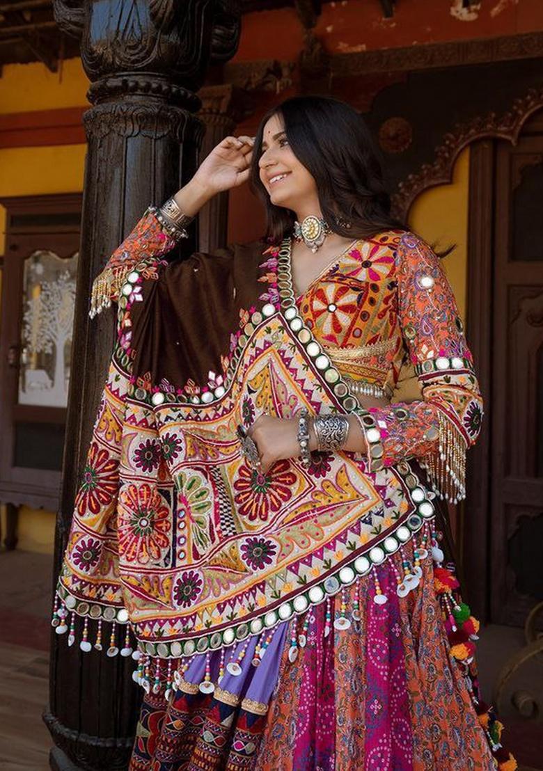Multicolor Printed Silk Blend Lahenga Set - Indya
