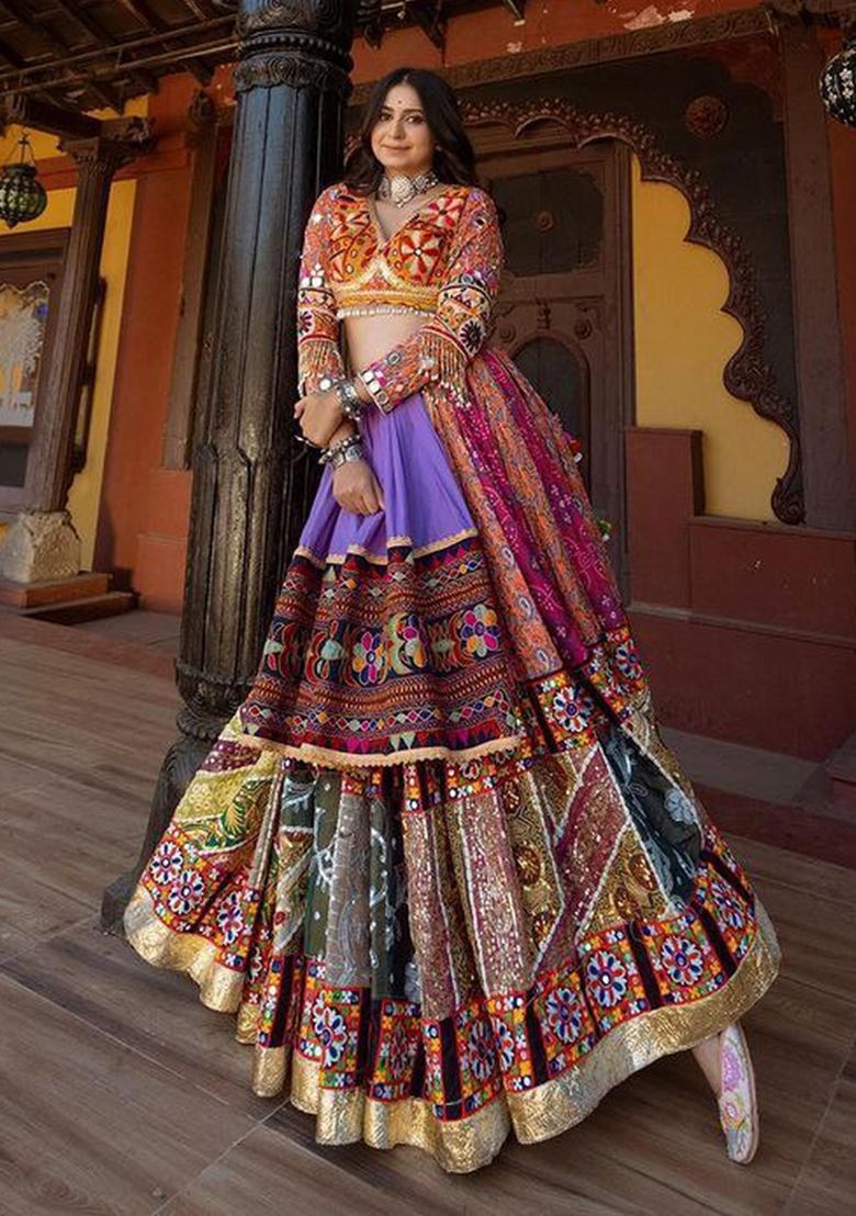 Multicolor Printed Silk Blend Lahenga Set - Indya