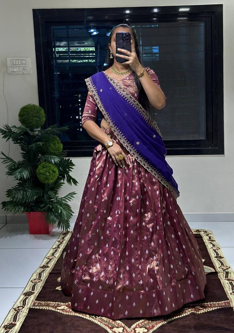 Brown Woven Silk Blend Lehenga Set - Indya