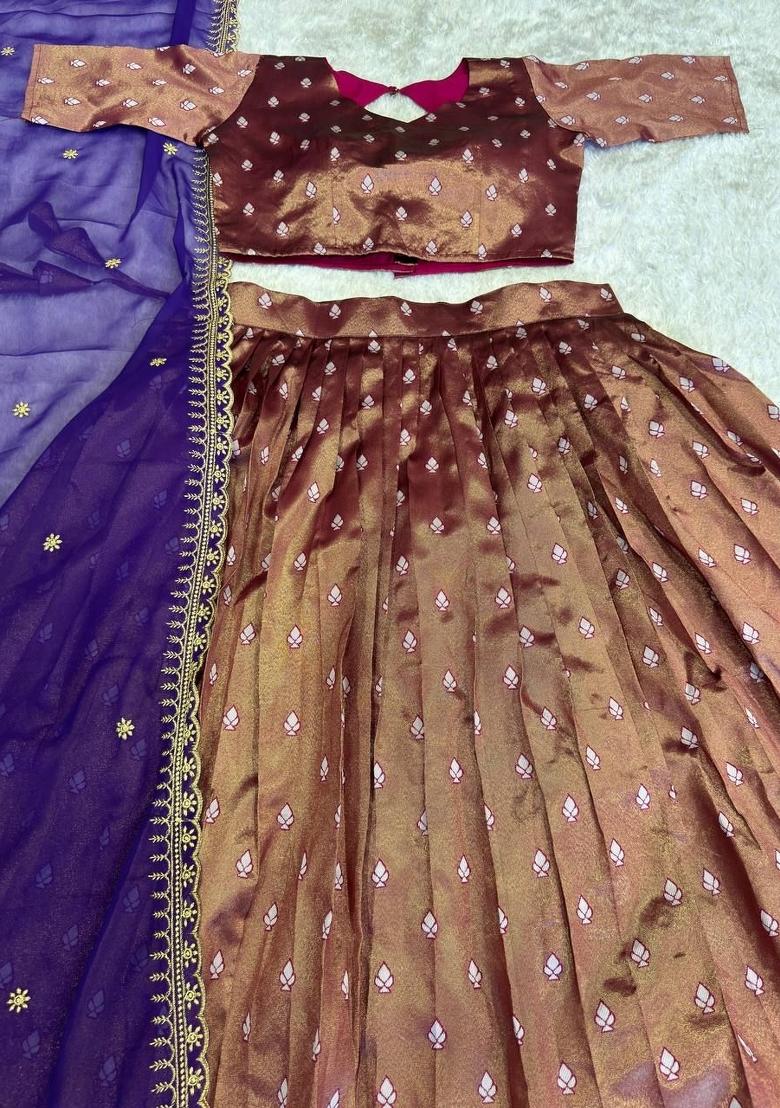 Brown Woven Silk Blend Lehenga Set - Indya
