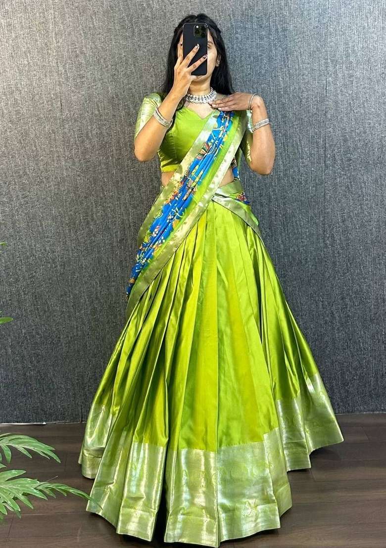 Green Printed Silk Blend Lehenga Set - Indya