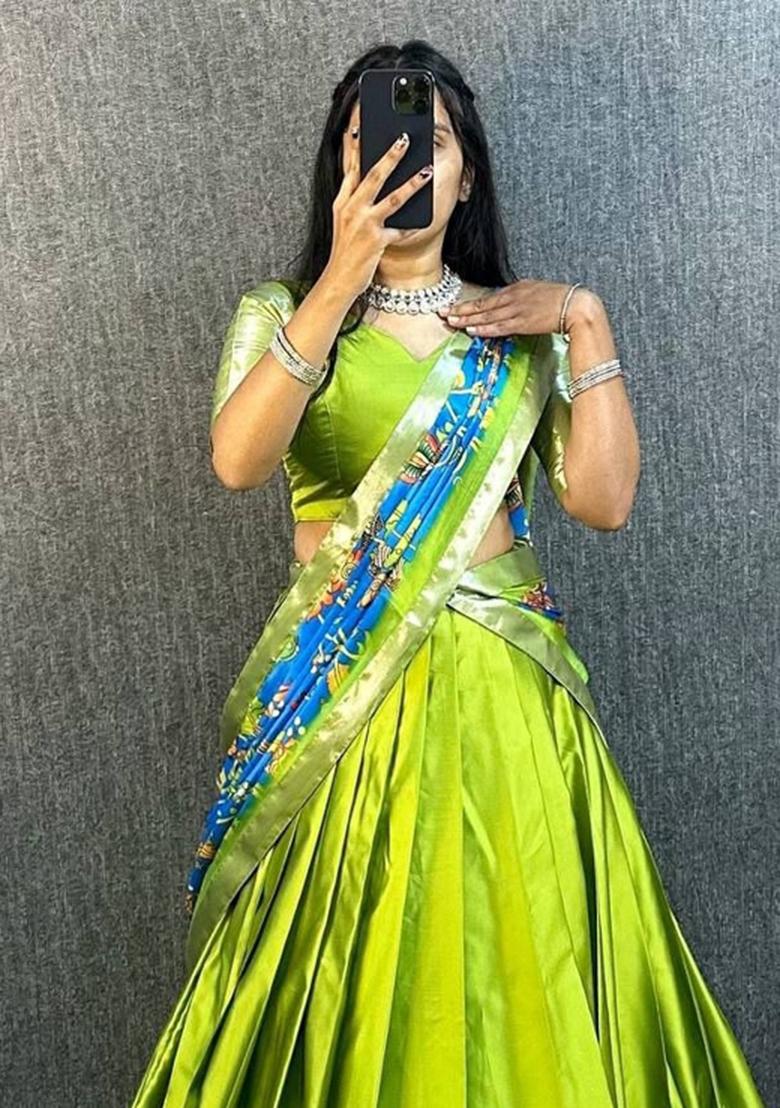 Green Printed Silk Blend Lehenga Set - Indya