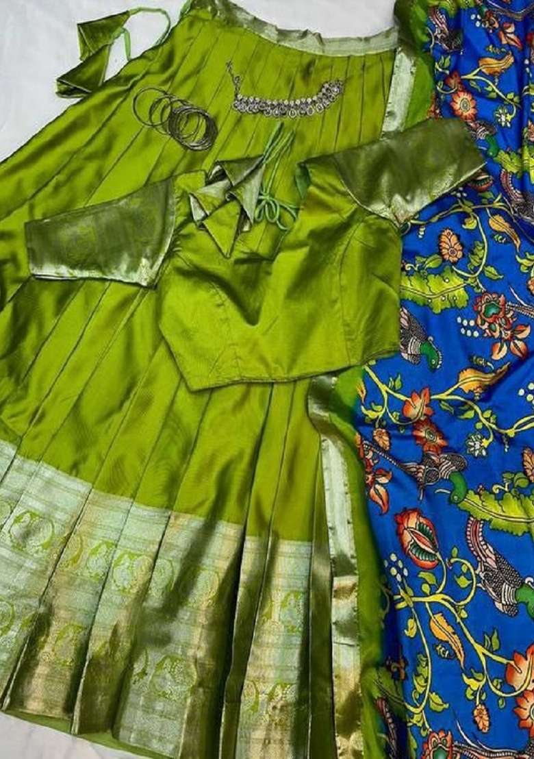 Green Printed Silk Blend Lehenga Set - Indya