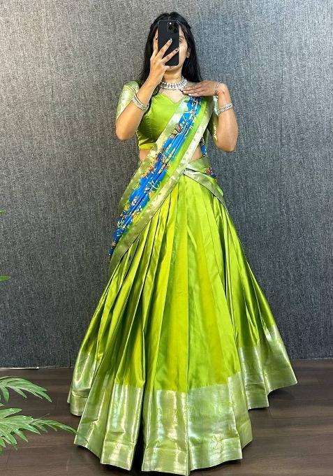 Green Printed Silk Blend Lehenga Set
