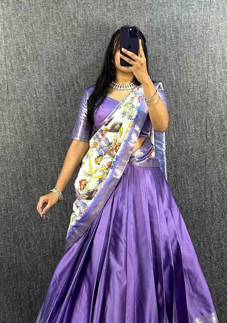 Lavender Printed Silk Blend Lehenga Set - Indya